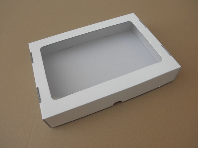 Krabice dno + víko s průhledem obdélník – bílá (305x215x55 mm)
