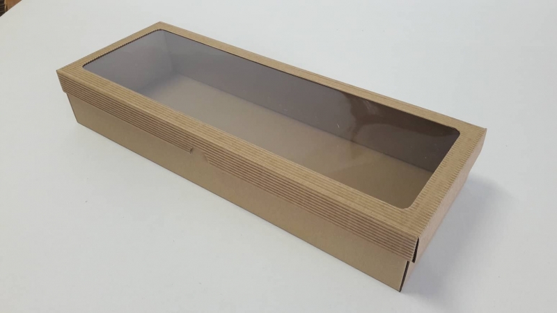 Dárková krabička s průhledem obdélník - hnědá (480x180x80 mm)