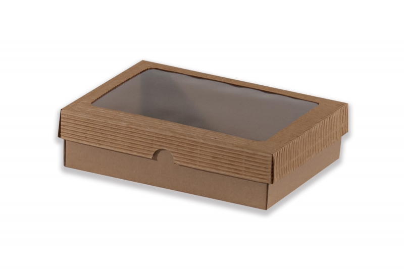 Dárková krabička s průhledem obdélník – hnědá (220x170x60 mm)