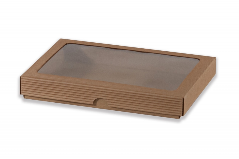 Dárková krabička s průhledem obdélník – hnědá (250x190x35 mm)