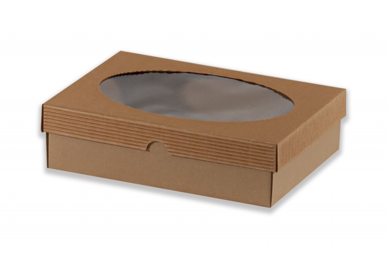 Dárková krabička s průhledem ovál – hnědá (250x190x70 mm)