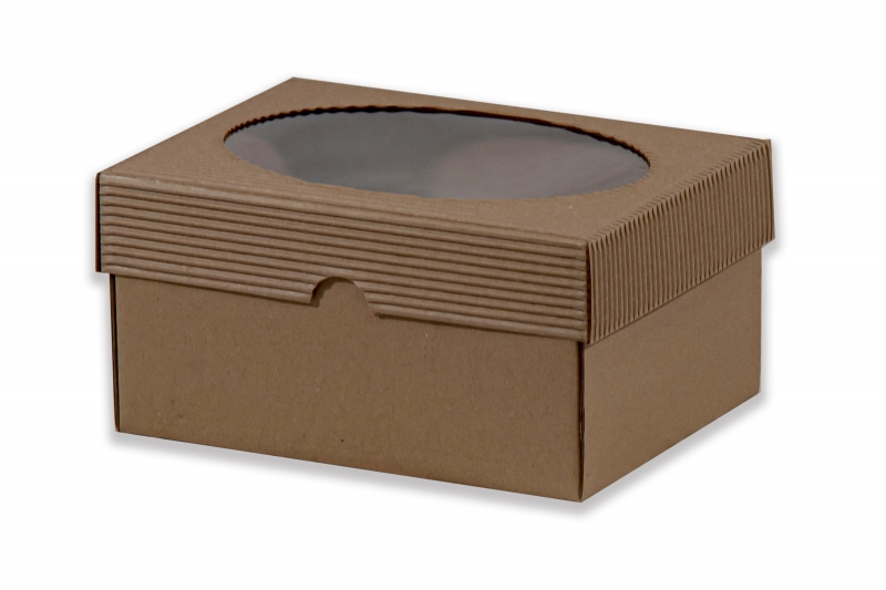 Dárková krabička s průhledem ovál – hnědá (190x145x100 mm)