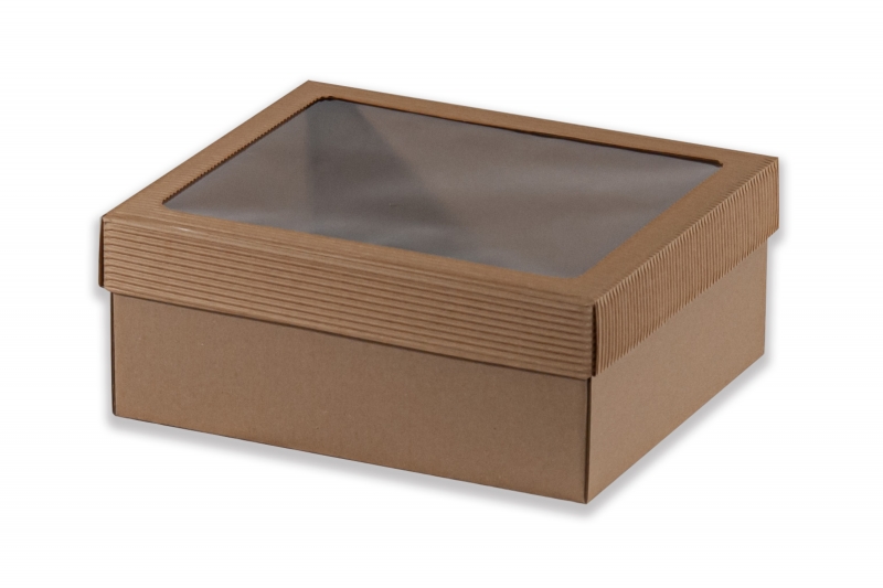 Dárková krabička s průhledem obdélník – hnědá (260x230x110 mm)