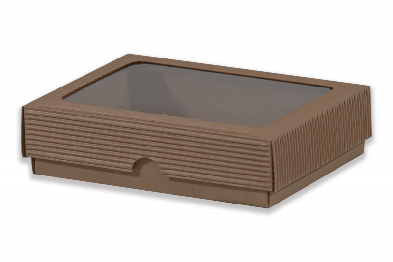 Dárková krabička s průhledem obdélník - hnědá (190x145x50 mm)