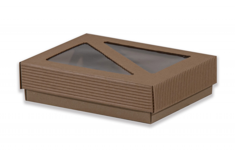 Dárková krabička s průhledem trojúhelníky – hnědá (190x145x50 mm)