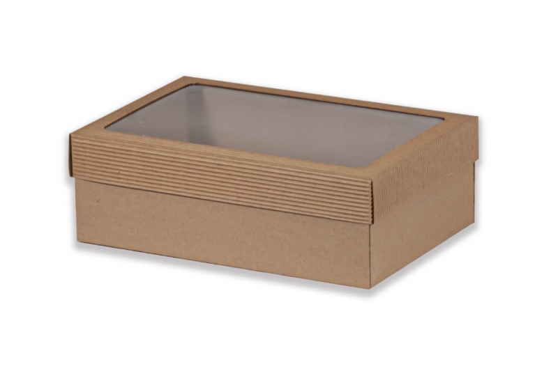 Dárková krabička s průhledem obdélník - hnědá (300x200x100 mm)