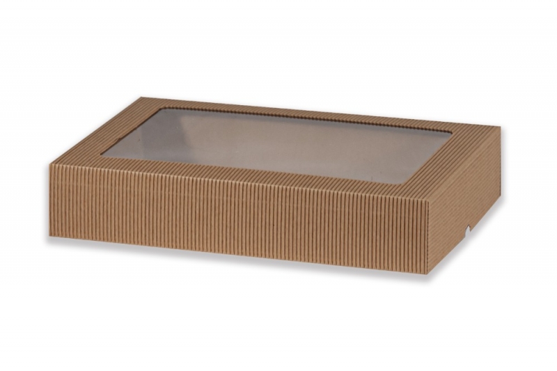 Dárková krabička s průhledem obdélník - hnědá (370x240x70 mm)