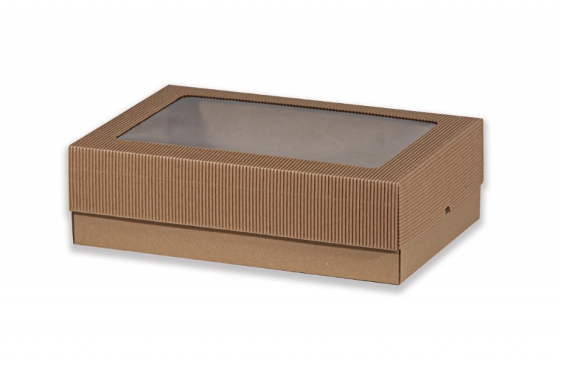 Dárková krabička s průhledem obdélník - hnědá (370x240x110 mm)