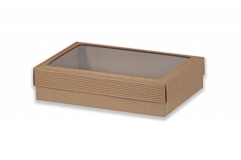 Dárková krabička s průhledem obdélník - hnědá (300x200x70 mm)