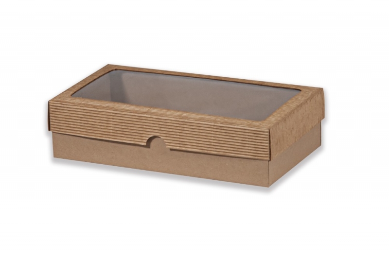 Dárková krabička s průhledem obdélník - hnědá (320x170x80 mm)
